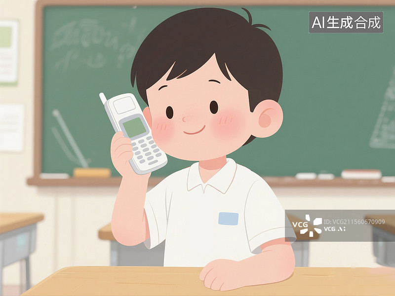 【AI数字艺术】校园里拿着校园卡打电话的小学生图片素材