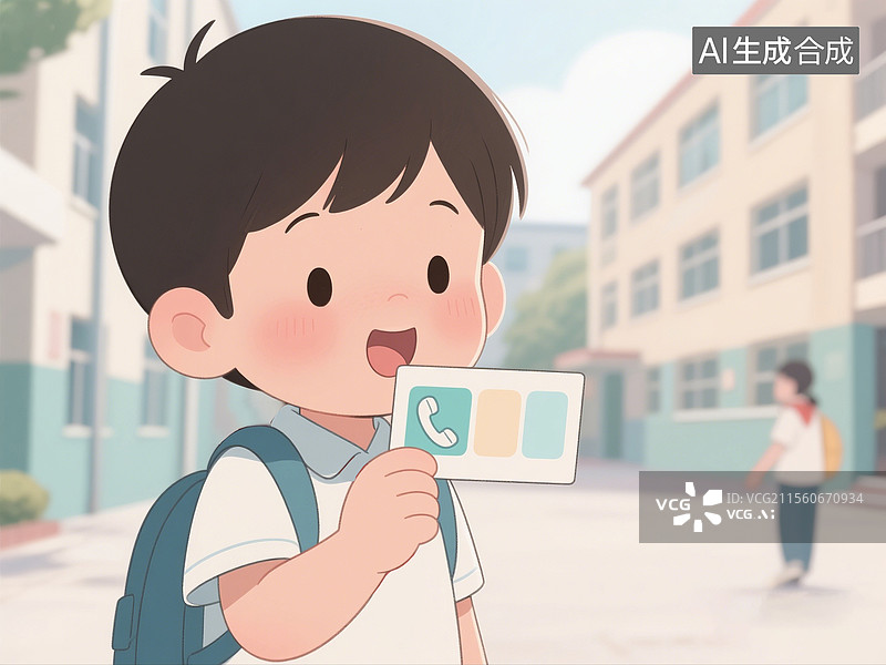 【AI数字艺术】校园里拿着校园卡打电话的小学生图片素材