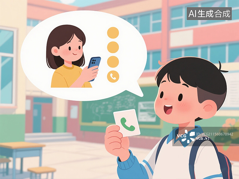 【AI数字艺术】校园里拿着校园卡打电话的小学生图片素材