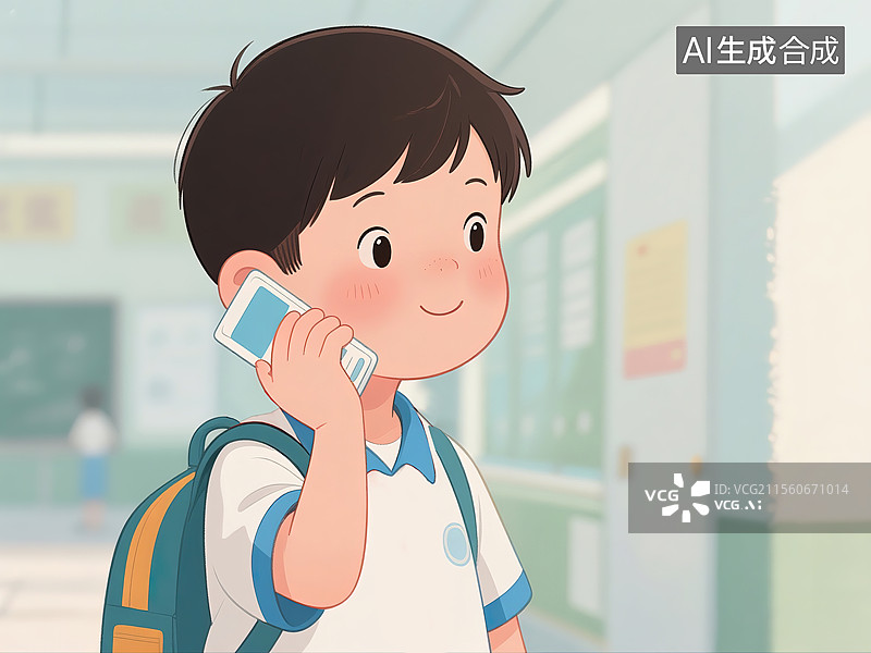 【AI数字艺术】校园里拿着校园卡打电话的小学生图片素材