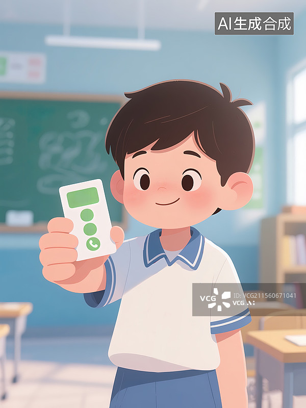 【AI数字艺术】校园里拿着校园卡打电话的小学生图片素材