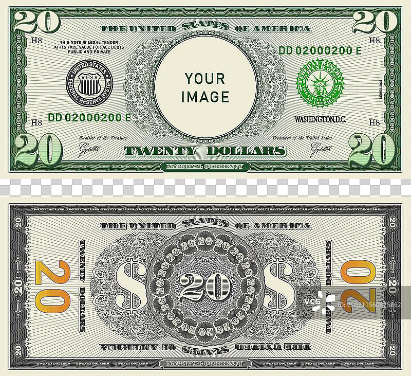 高度详细的虚构美丽20美元钞票图片素材