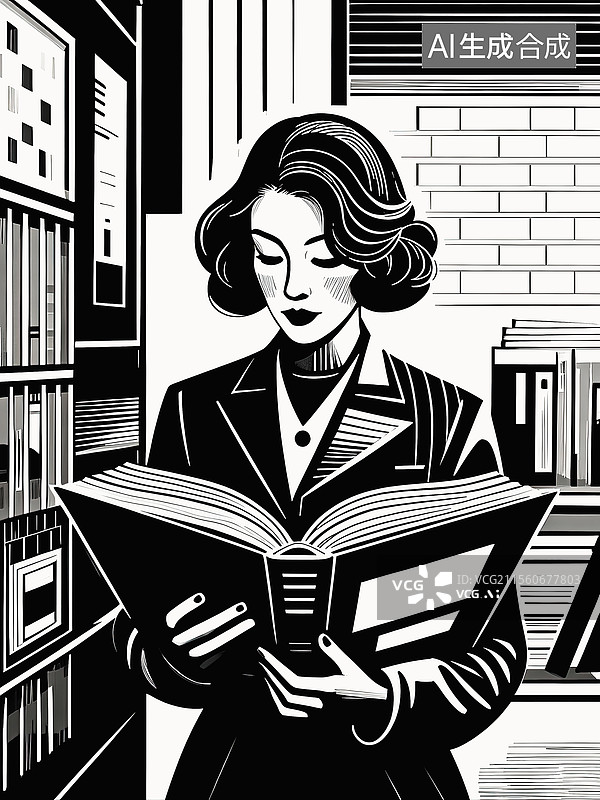 【AI数字艺术】线描版画在图书馆查阅资料的老师图片素材