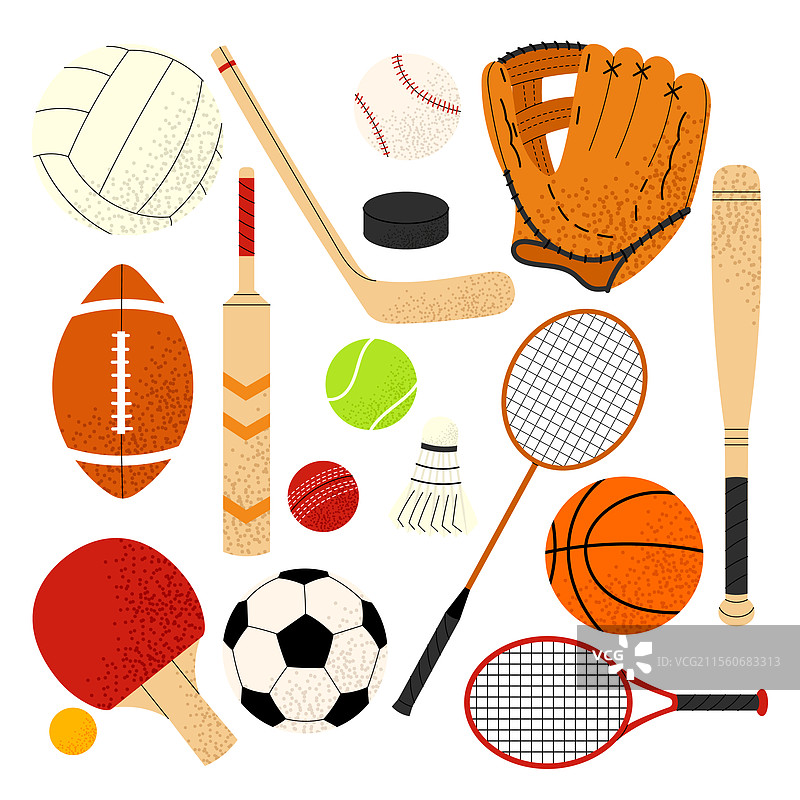 不同运动项目的运动器材套装和球类图片素材