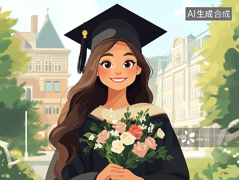 【AI数字艺术】手拿鲜花的漂亮女博士图片素材