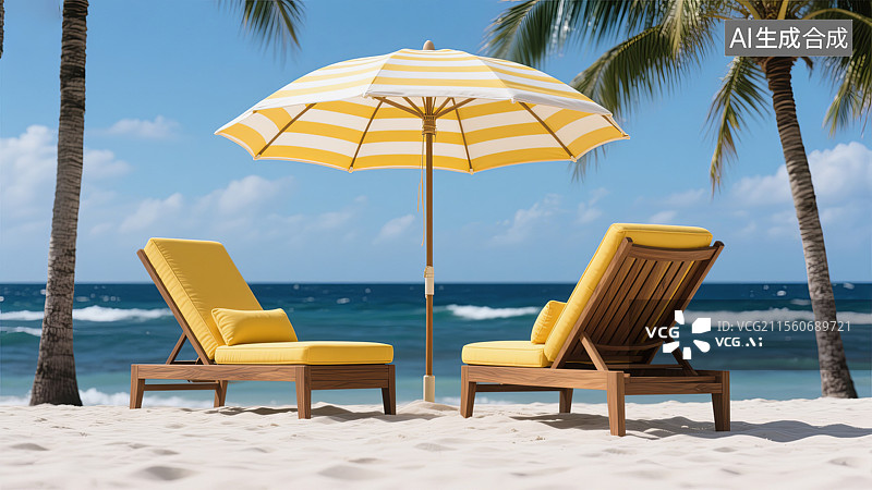 【AI数字艺术】热带海滩阳伞下的休闲躺椅风景图图片素材