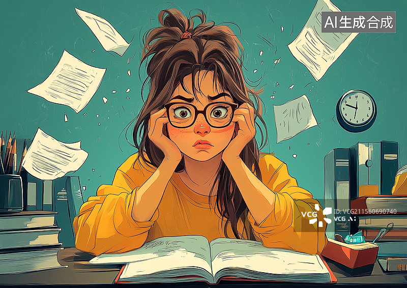 【AI数字艺术】写作业烦恼的女生图片素材
