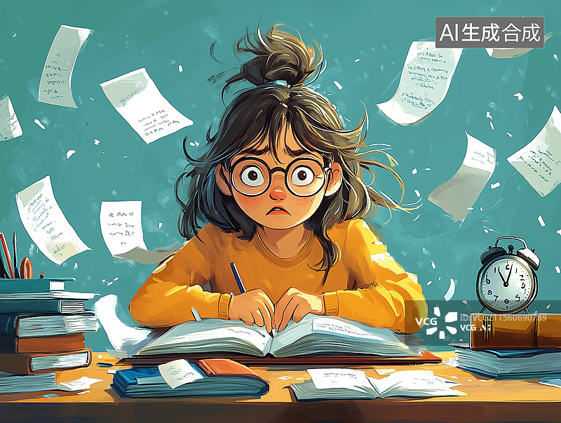 【AI数字艺术】写作业烦恼的女生图片素材