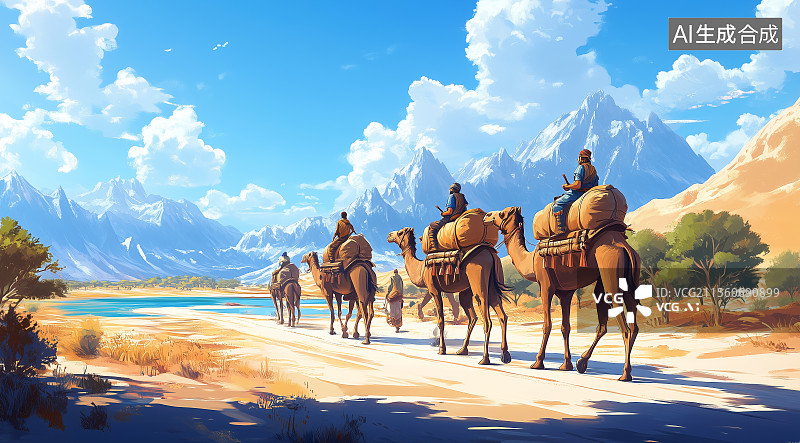 【AI数字艺术】戈壁沙漠中的骆驼商队图片素材