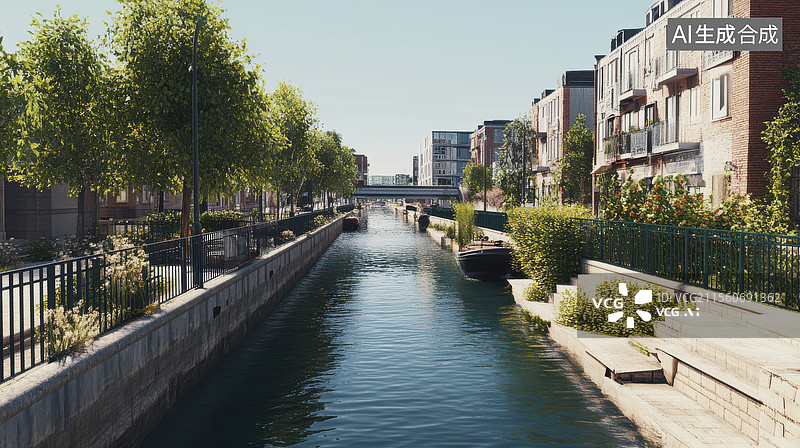 【AI数字艺术】城市运河两侧的现代建筑和绿树图片素材