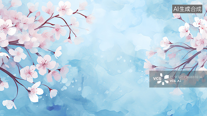 【AI数字艺术】春天温柔粉樱花创意水彩画蓝色背景图片素材