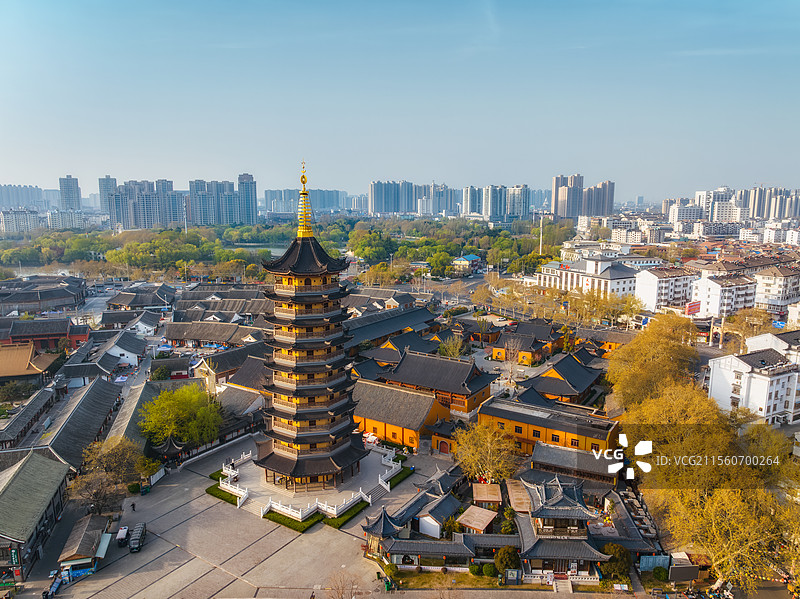 江苏，淮安市，清江浦，里运河文化长廊，慈云禅寺，国师塔，清江文庙，中洲公园，都市天际线，春季，航拍图片素材
