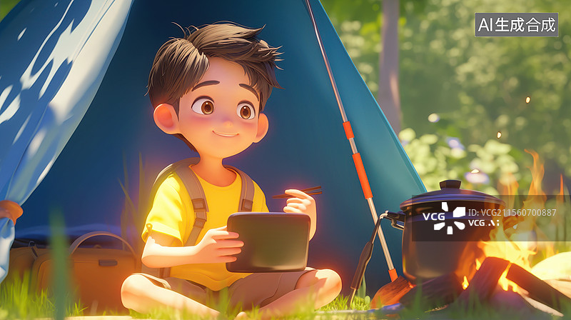 【AI数字艺术】3D卡通少年露营图片素材