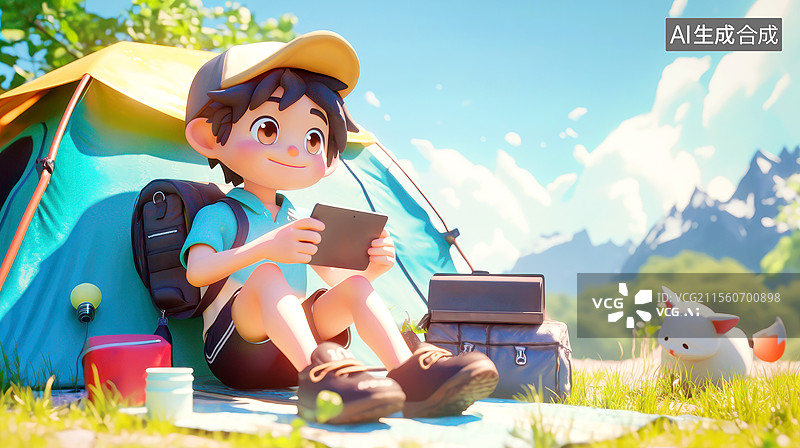 【AI数字艺术】3D卡通少年露营图片素材