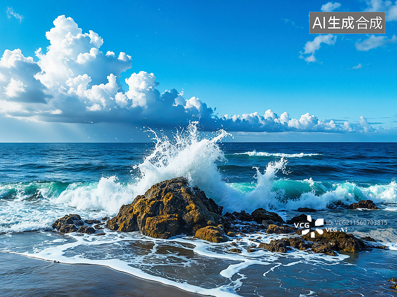 【AI数字艺术】海浪冲击岩石图片素材