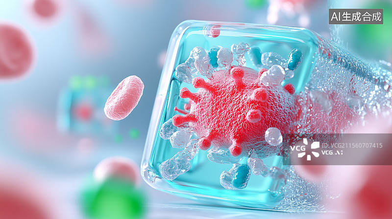 【AI数字艺术】方形透明容器内红色病毒样细胞图片素材