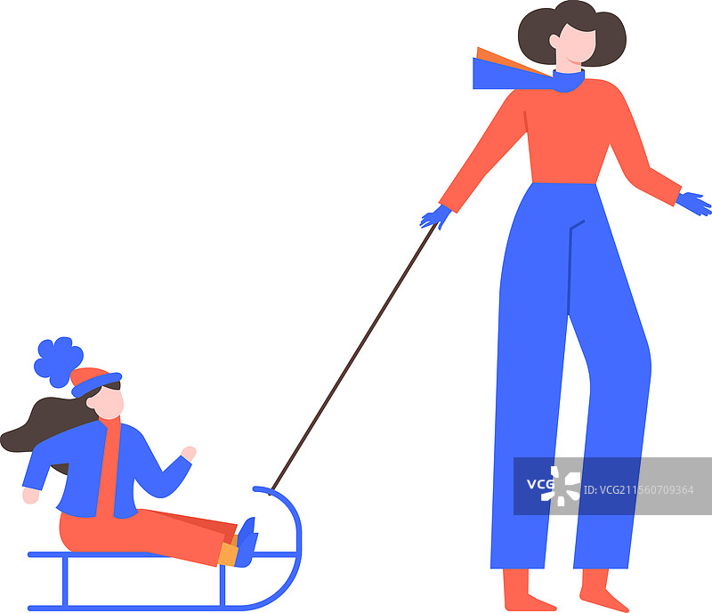 一位女性正在拉着一个孩子在雪橇上。图片素材