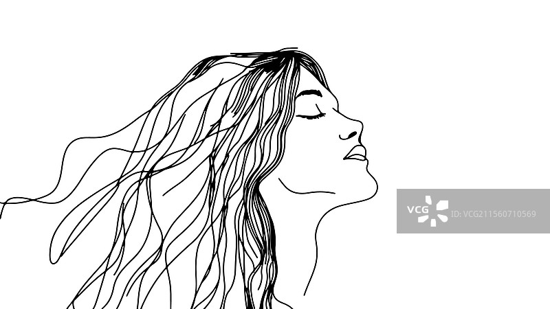 女性面部线条艺术画，长长的飘逸头发图片素材