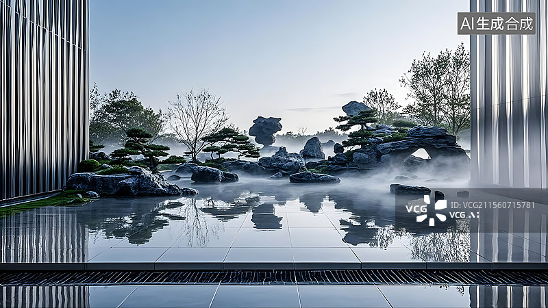 【AI数字艺术】东方美学假山流水雾气禅意空间背景图图片素材