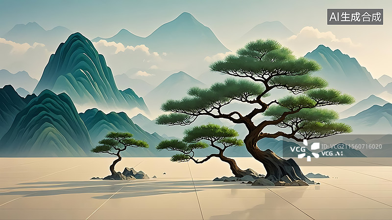 【AI数字艺术】新中式国潮风格水墨山水背景插画图片素材