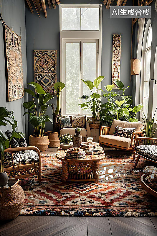 【AI数字艺术】北欧波西米亚风格家居室内设计图图片素材