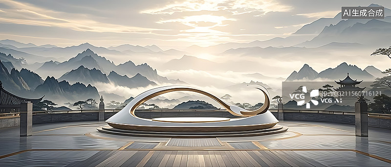 【AI数字艺术】国潮风格中国山水画背景与空白平台图片素材
