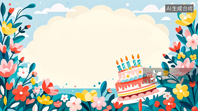 【AI数字艺术】花丛中的生日蛋糕插画图片素材