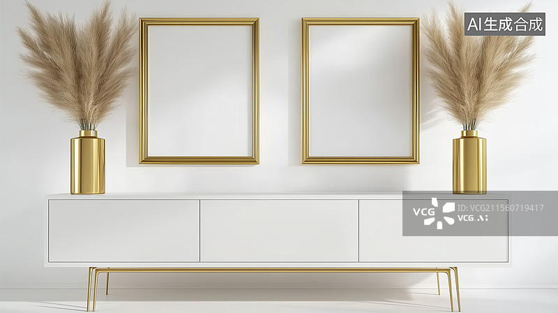 【AI数字艺术】金色装饰的现代极简客厅图片素材