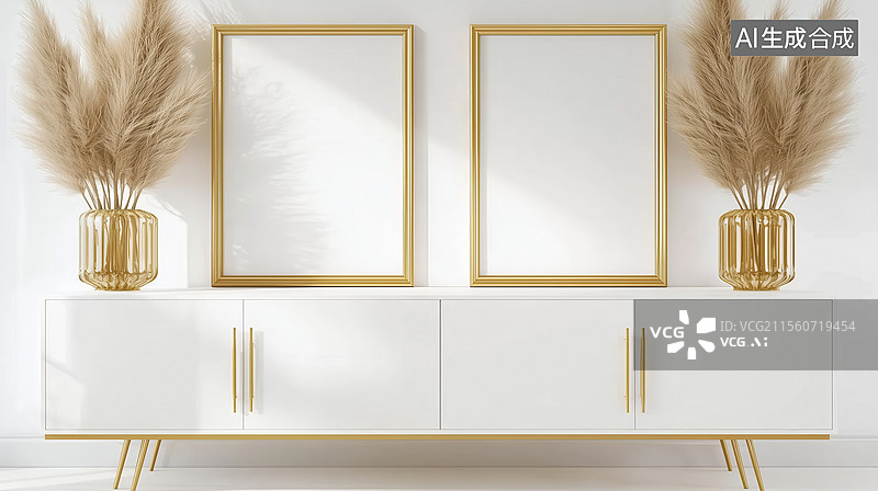【AI数字艺术】金色装饰的现代极简客厅图片素材