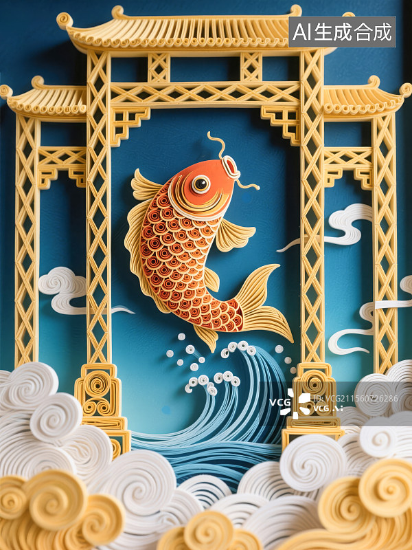 【AI数字艺术】衍纸艺术风格鲤鱼跃龙门插画图片素材