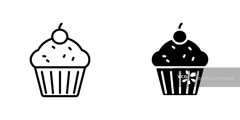 白色背景上的填充和线条杯子蛋糕图标集图片素材