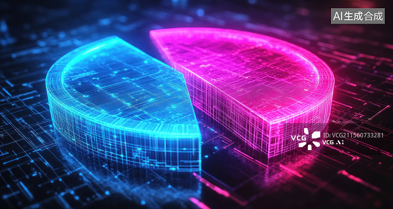 【AI数字艺术】科技感双色发光饼状图图片素材