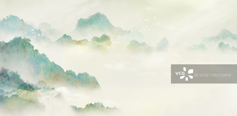 中国风绿色水墨山水画，国风山水画图片素材