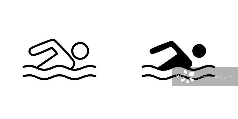 游泳者图标集，包含填充和线条样式，背景为白色图片素材