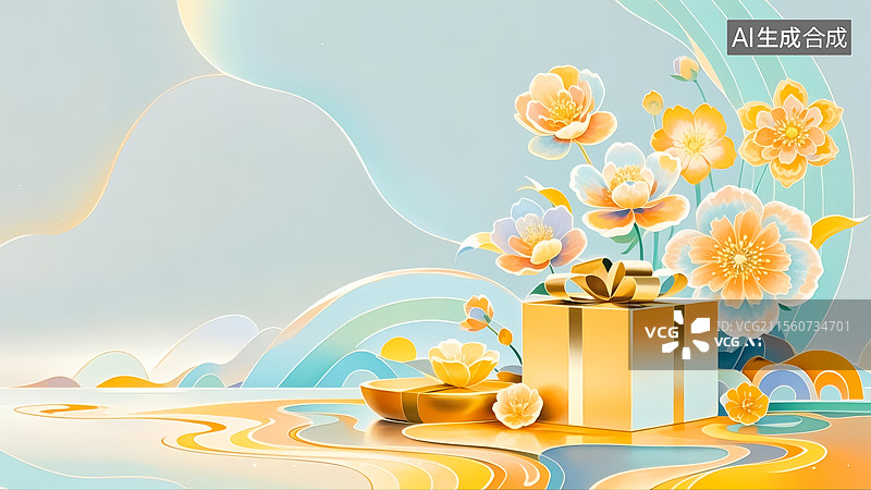【AI数字艺术】花丛中的礼物插画图片素材
