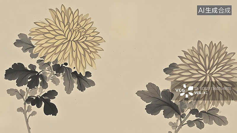 【AI数字艺术】水墨画菊花两侧图片素材