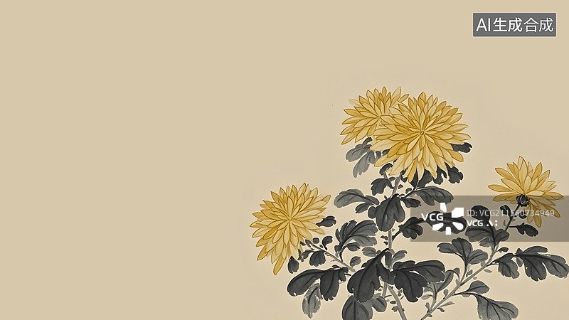 【AI数字艺术】水墨画菊花居右图片素材