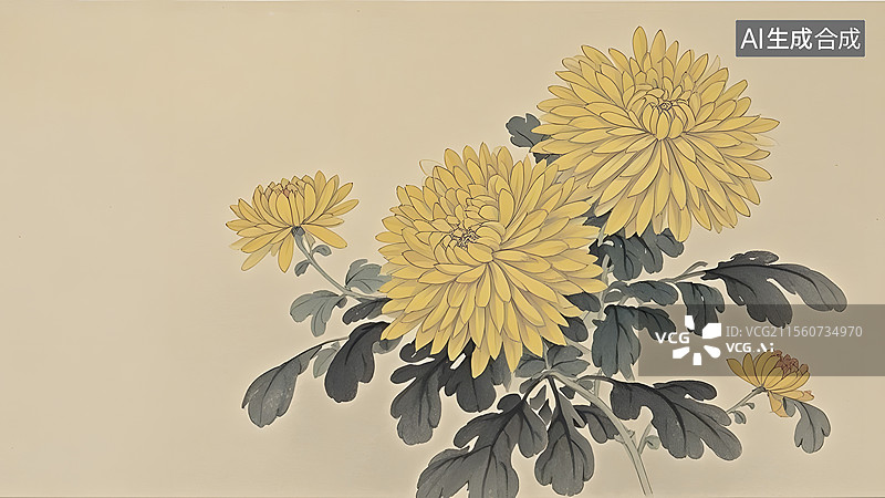 【AI数字艺术】水墨画菊花居右图片素材