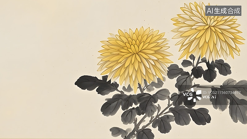 【AI数字艺术】水墨画菊花居右图片素材