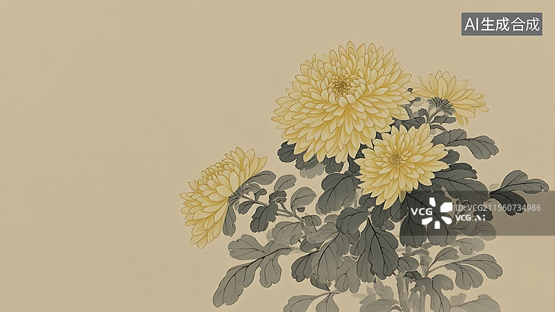 【AI数字艺术】水墨画菊花居右图片素材
