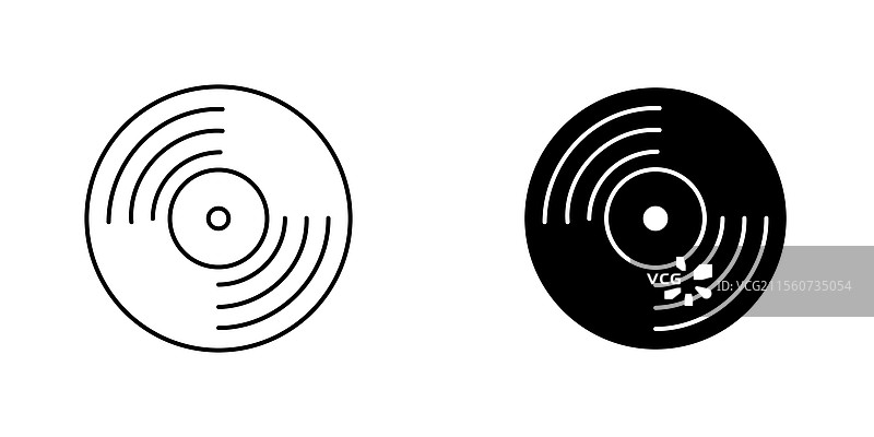 白色背景上的填充和线条风格的黑胶唱片图标集图片素材