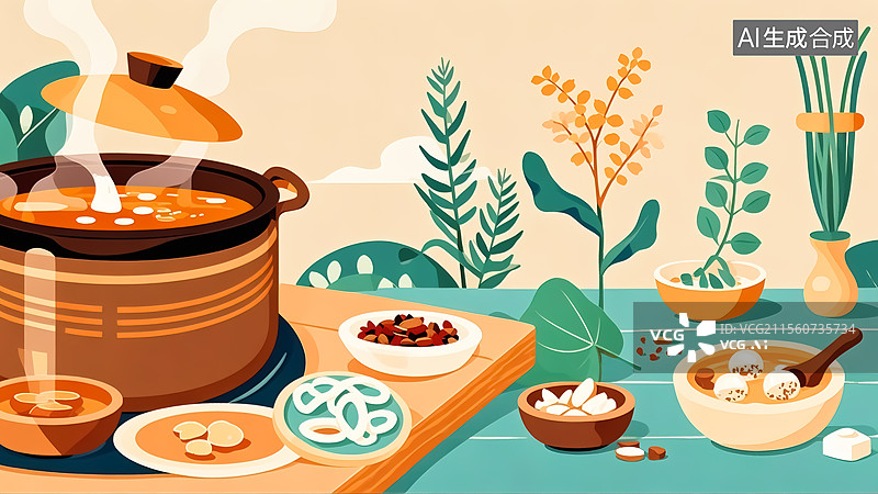 【AI数字艺术】熬煮药材场景插画图片素材