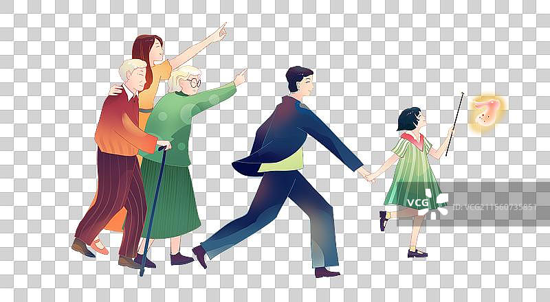 手绘一家人老人爸爸爷爷奶奶孩子向前奔跑和睦团圆图片素材