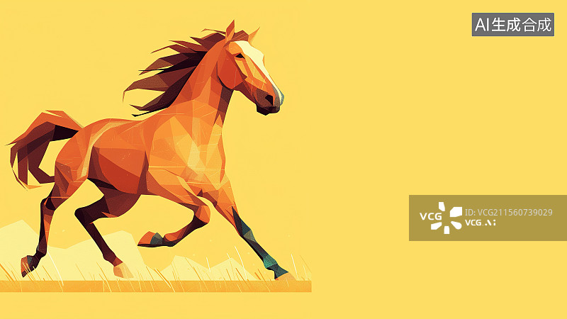 【AI数字艺术】2D卡通居左背景趣味扁平元素，一批奔跑的烈马野马几何三维立体拼接创意装饰画 2026马年属相设计素材图片素材