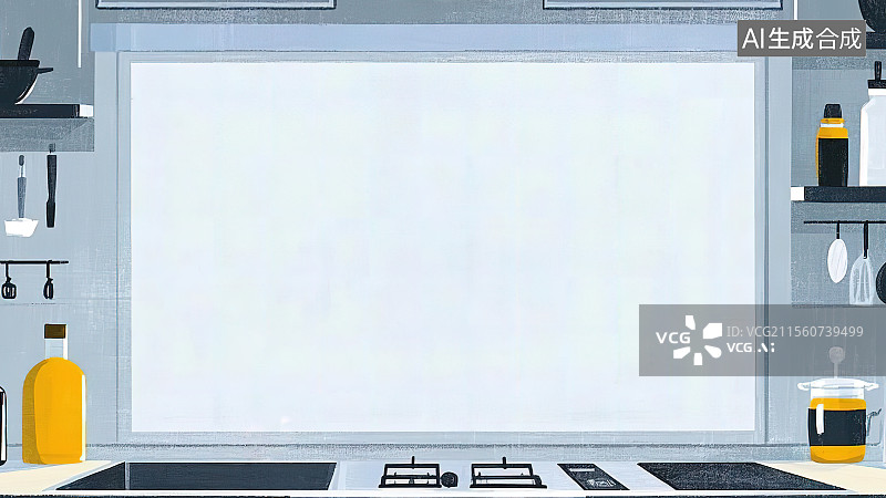 【AI数字艺术】2D卡通环绕背景趣味扁平元素，厨房灶台厨具调料瓶罐水池大玻璃窗户 做饭场地冷色调干净整洁图片素材