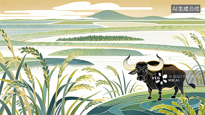 【AI数字艺术】春天农田水牛插画图片素材
