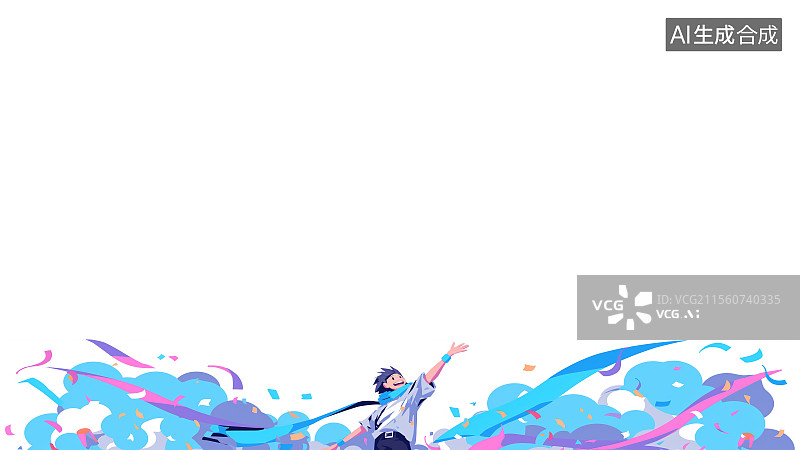 【AI数字艺术】2D卡通居下背景趣味扁平元素，年轻人举手挥手大笑快乐成功庆祝胜利毕业场景彩旗飘带天空云彩图片素材