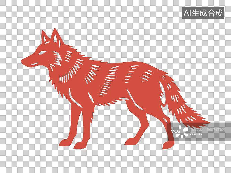 【AI数字艺术】非遗剪纸，珍稀动物红狼图片素材