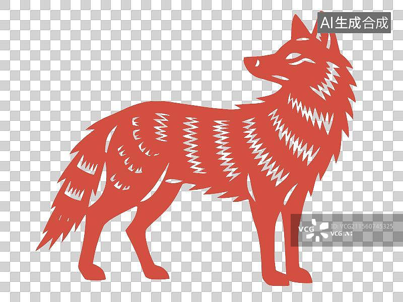 【AI数字艺术】非遗剪纸，珍稀动物红狼图片素材