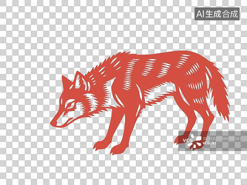 【AI数字艺术】非遗剪纸，珍稀动物红狼图片素材